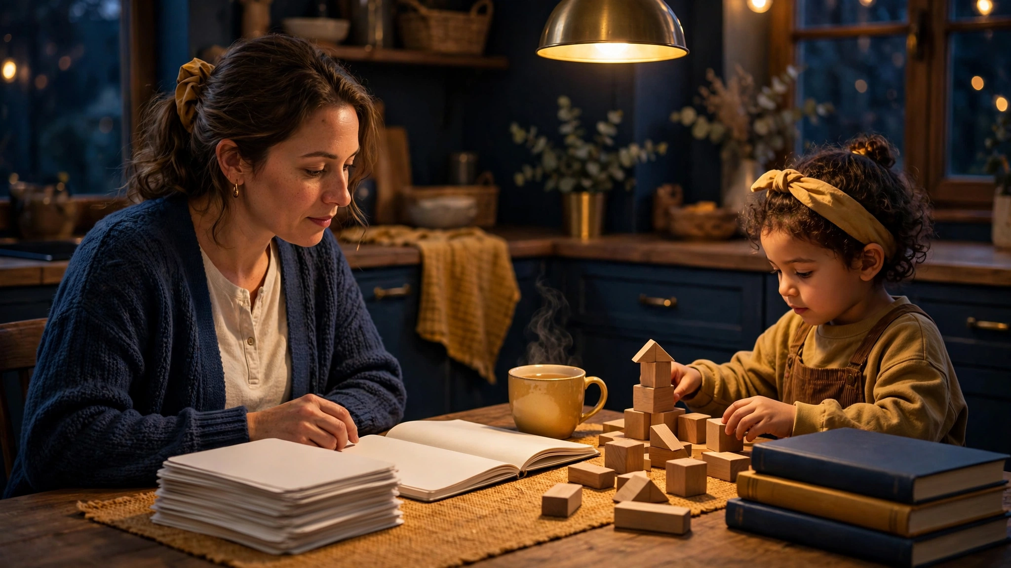 An adult learner studying flashcards at a kitchen table while a child plays nearby
