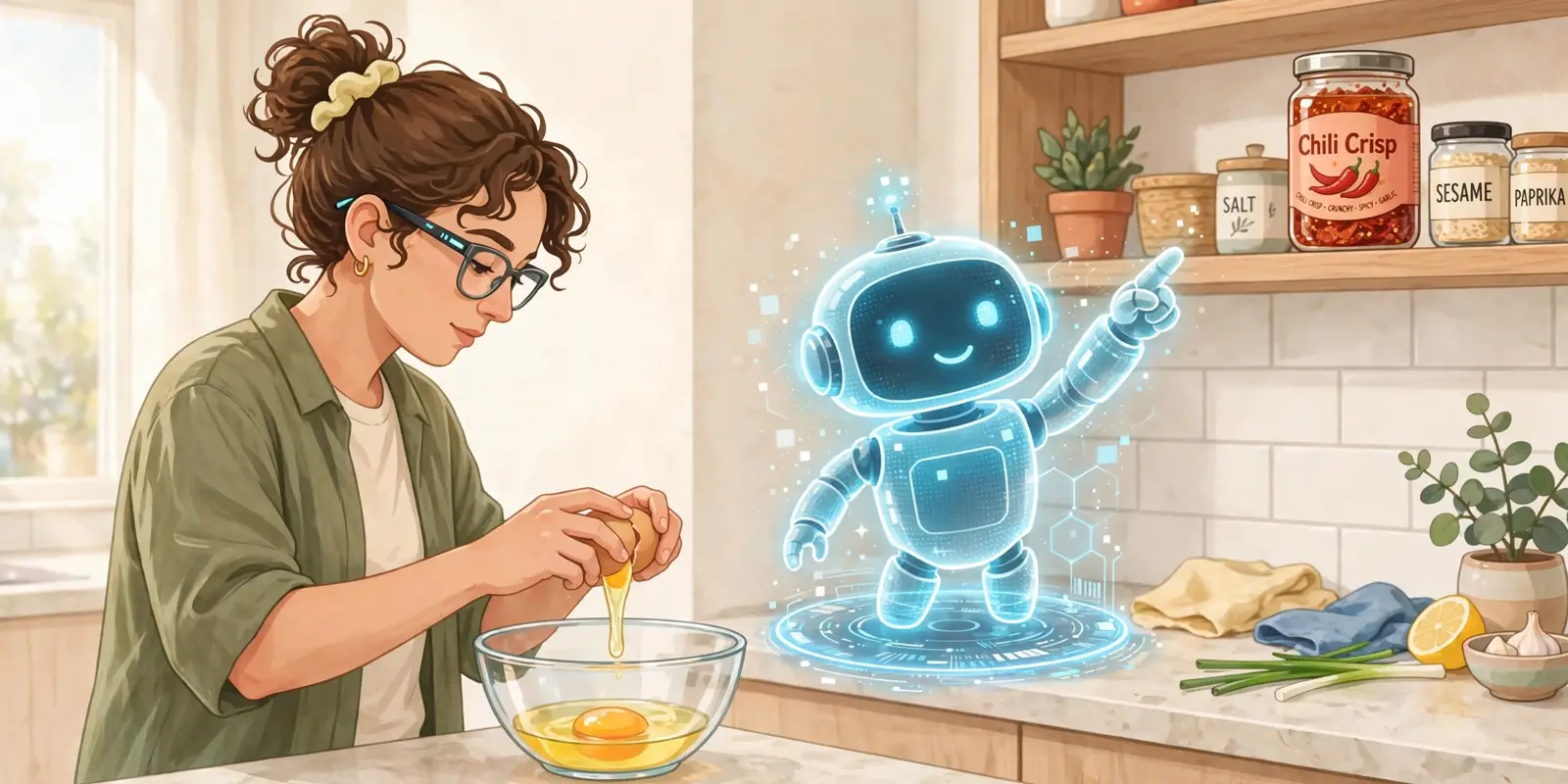 A small holographic robot assistant on a kitchen counter pointing at a jar of chili crisp while a person in smart glasses cracks eggs
