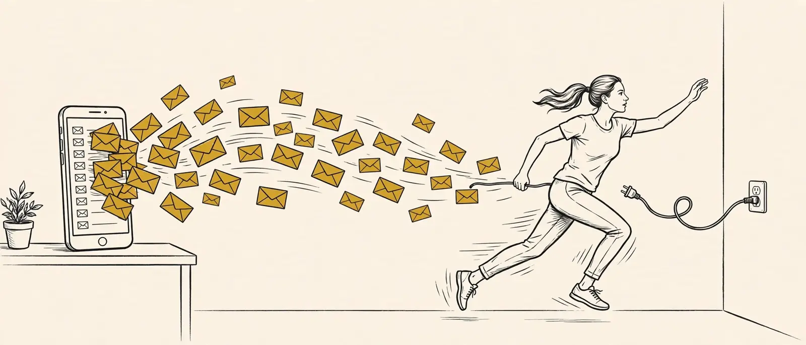 A woman sprinting to pull a power cord while her inbox empties itself