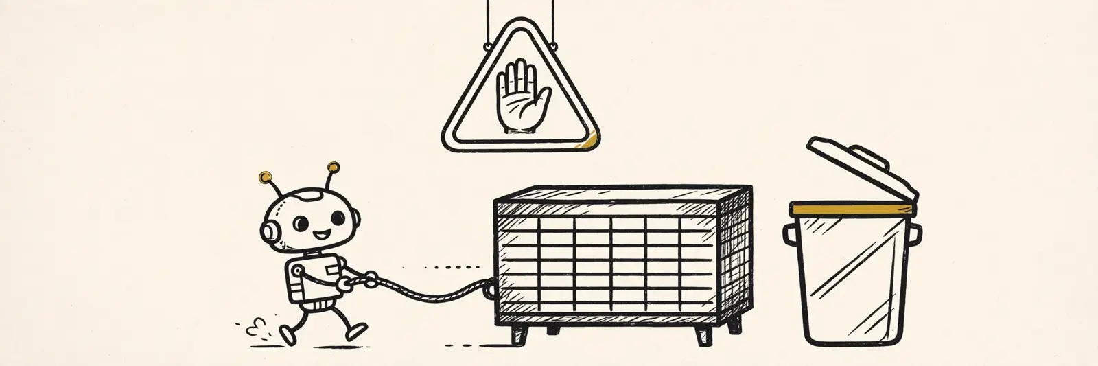 A robot agent dragging a database table toward a trash bin