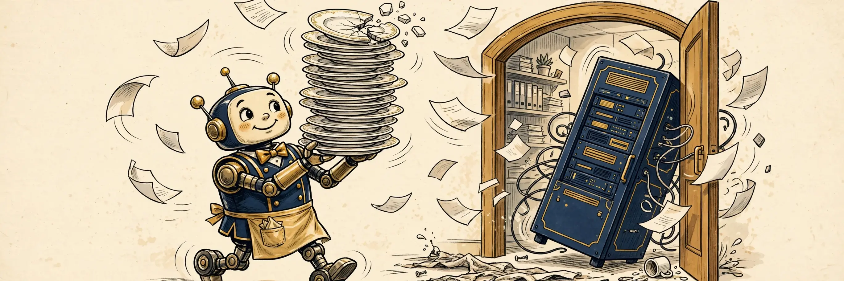 A robot butler carrying a wobbling stack of plates while things tip over behind it