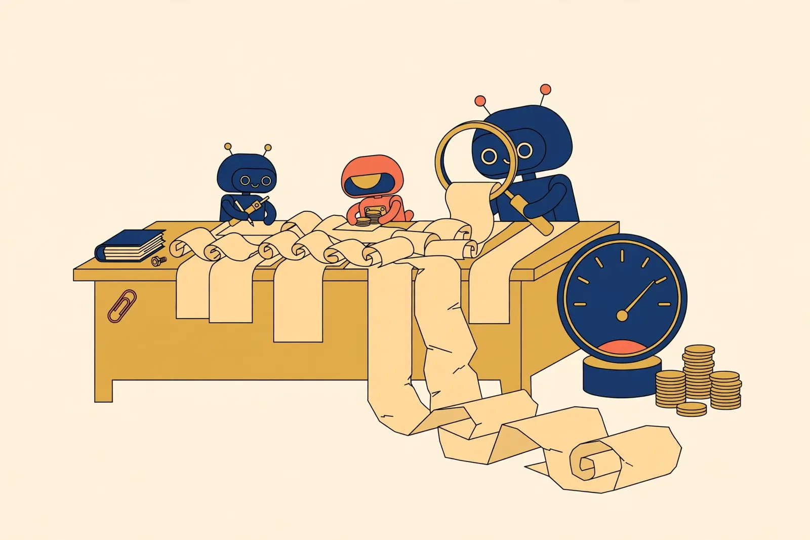 Robot agents at a desk buried under a long curling receipt, with coin stacks and a meter