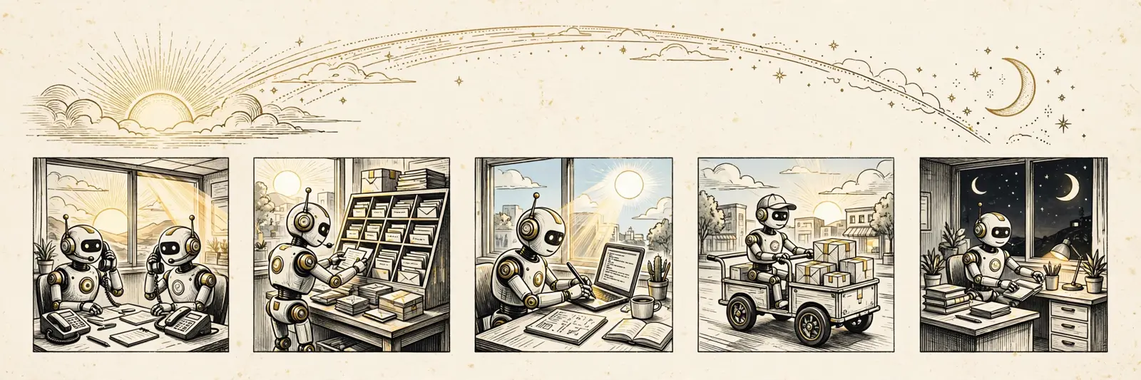 A small robot through its day: sunrise charts, work, deliveries, and a crescent moon
