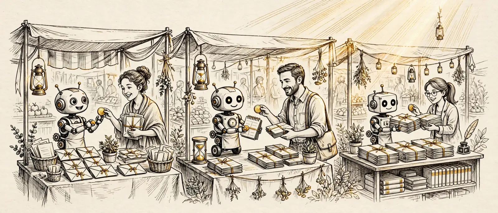 A small robot agent at a laptop as gold coins stack up beside it