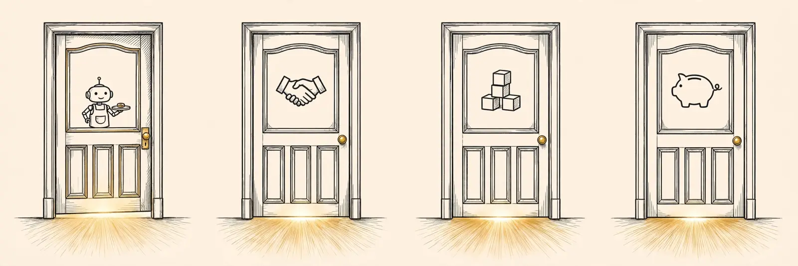Four doors with gold light beneath them: four ways money moves with AI agents