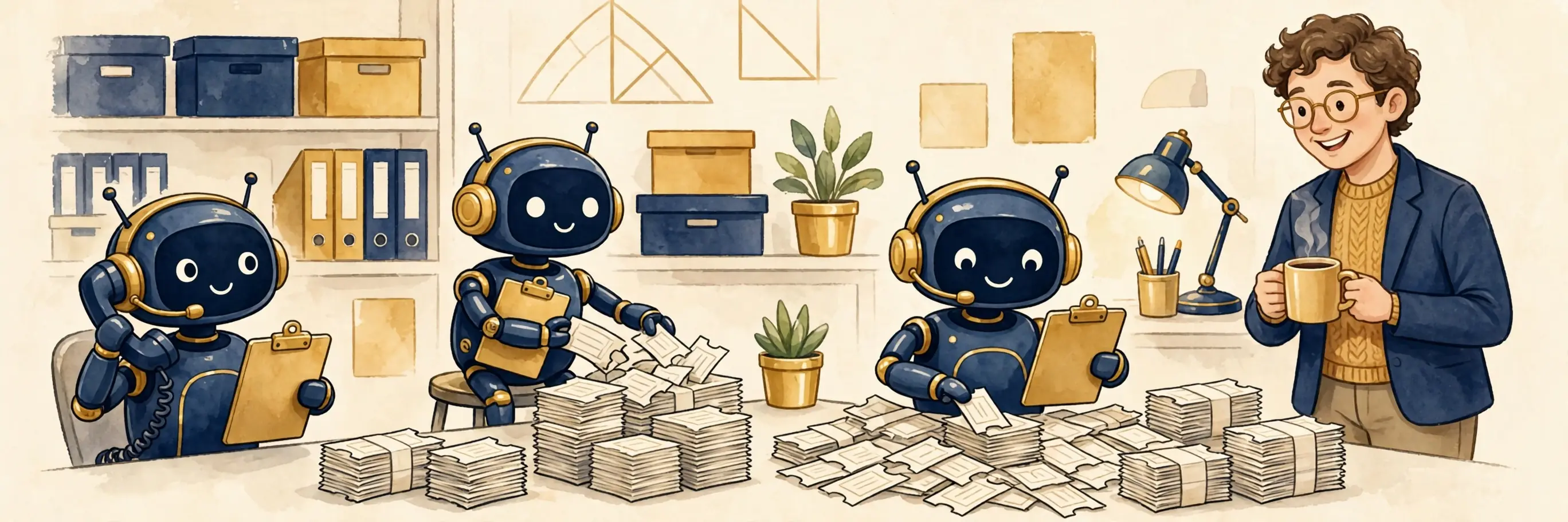 A team of friendly robot assistants running a busy office