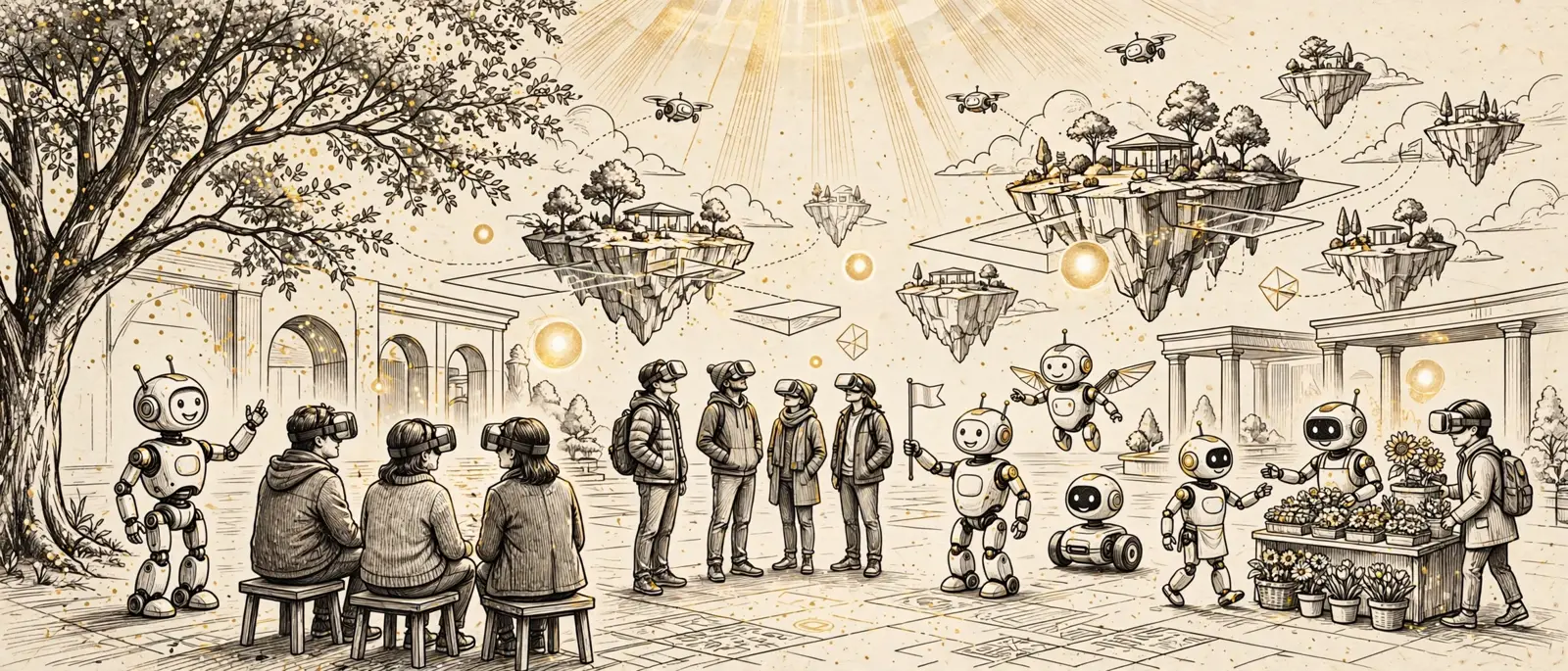 People in VR headsets learning and working in a bright virtual space with holographic displays