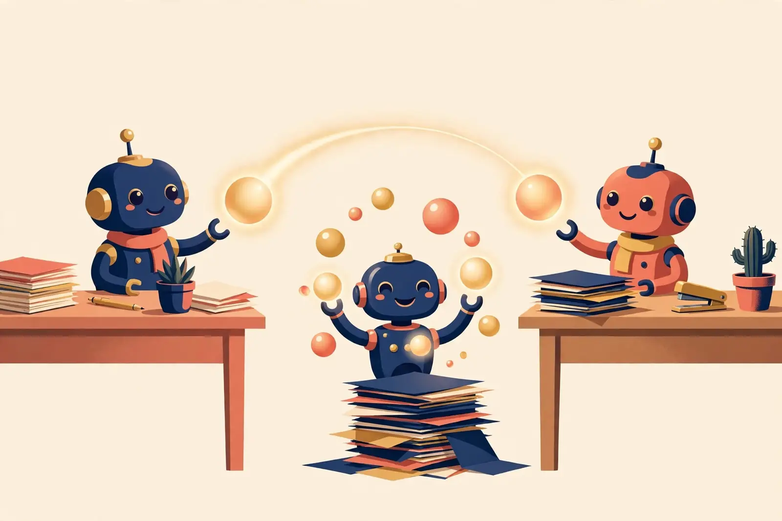 Two robots at facing desks passing glowing message orbs while a third robot juggles too many