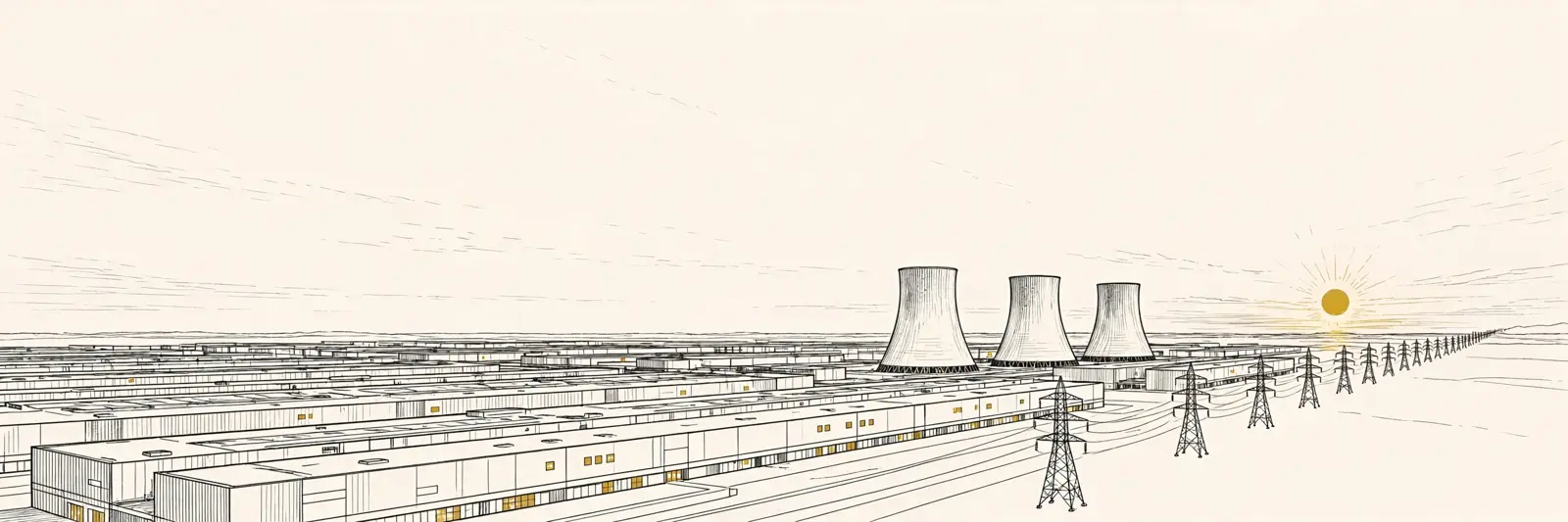 A gigawatt scale AI data centre at dusk, transmission lines to the horizon