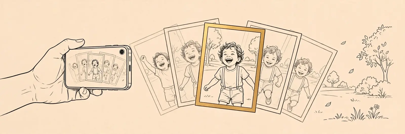 A phone photographing a laughing child, burst frames fanning behind it