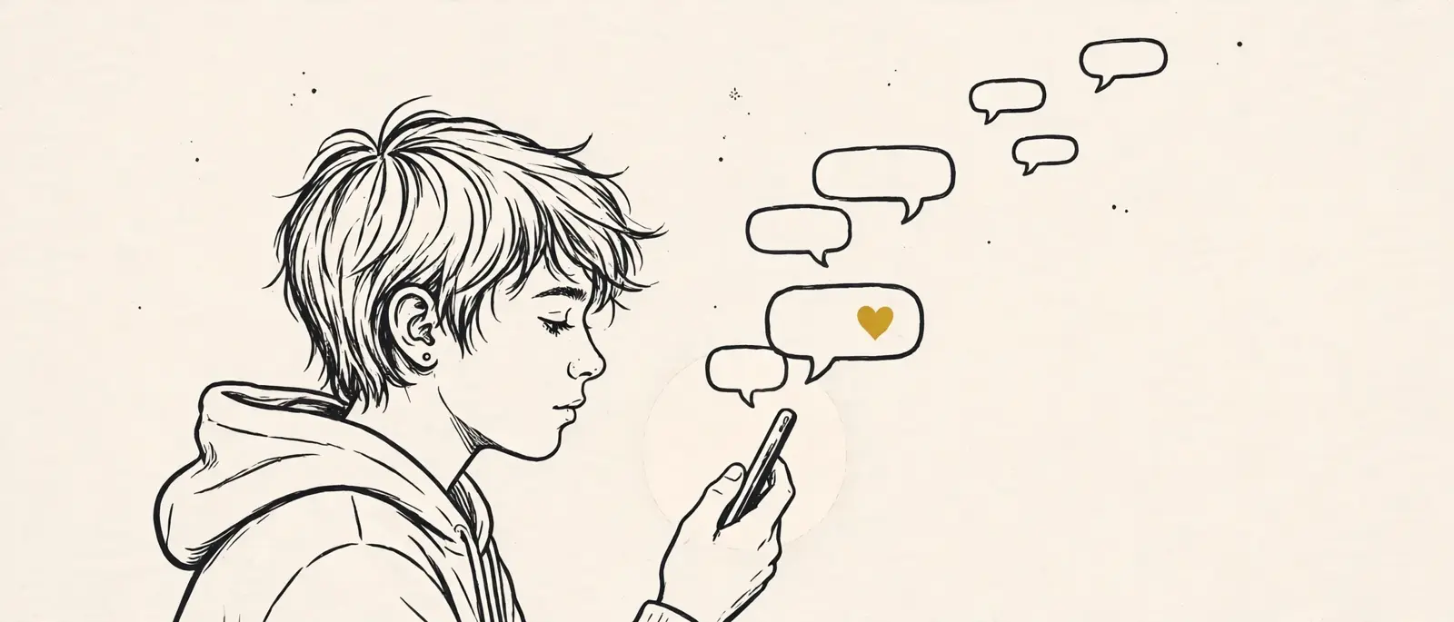 A teenager lit by phone glow, chat bubbles rising, one holding a gold heart