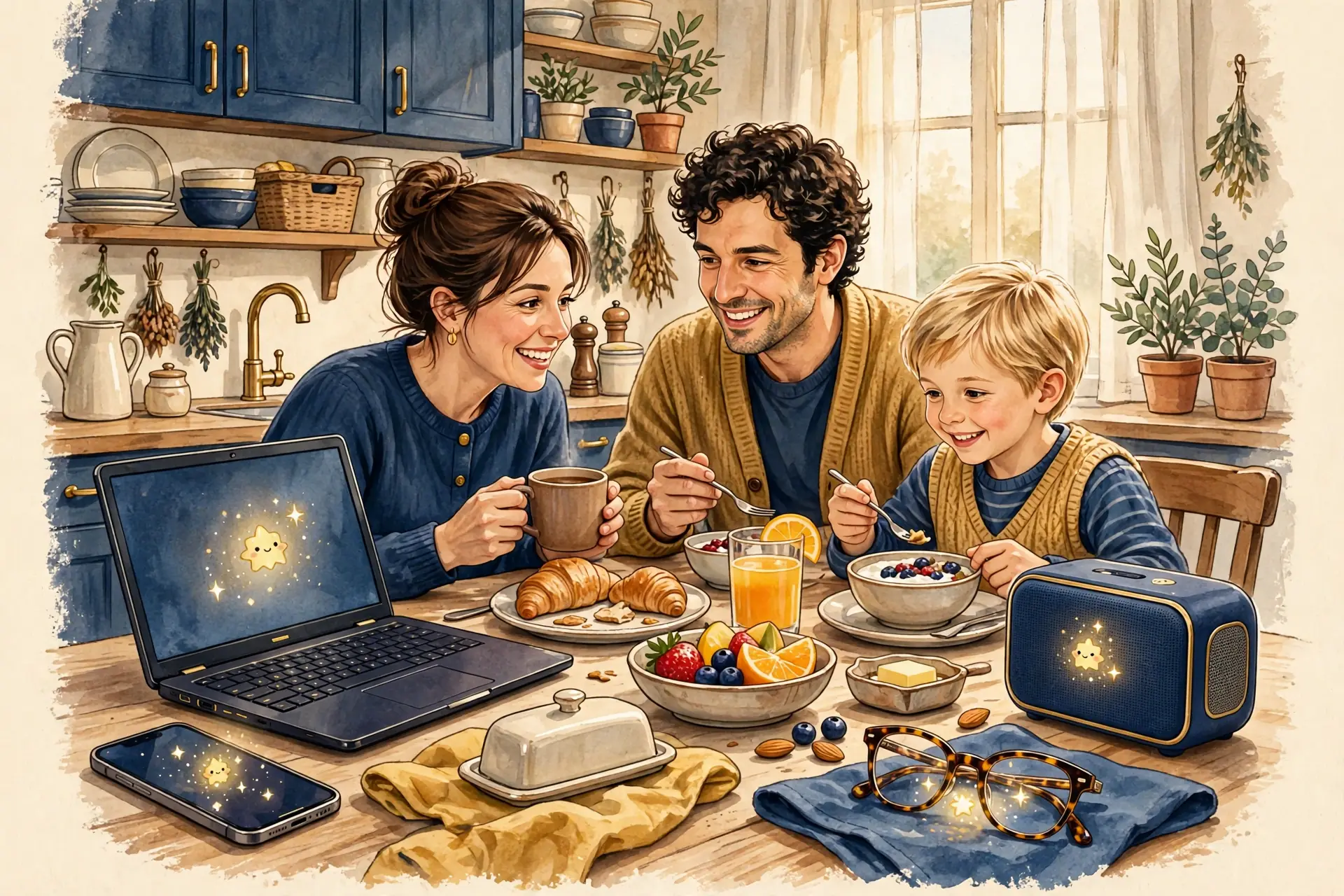 A cozy kitchen where everyday devices glow with small sparks of intelligence