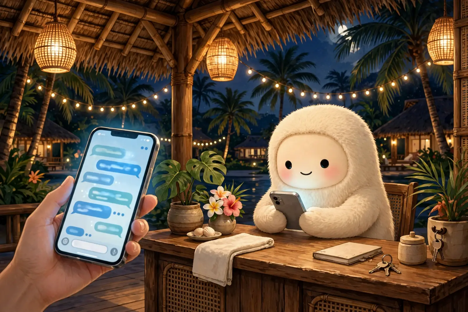 A small robot concierge answering a guest phone chat at a tropical resort front desk at 11 PM