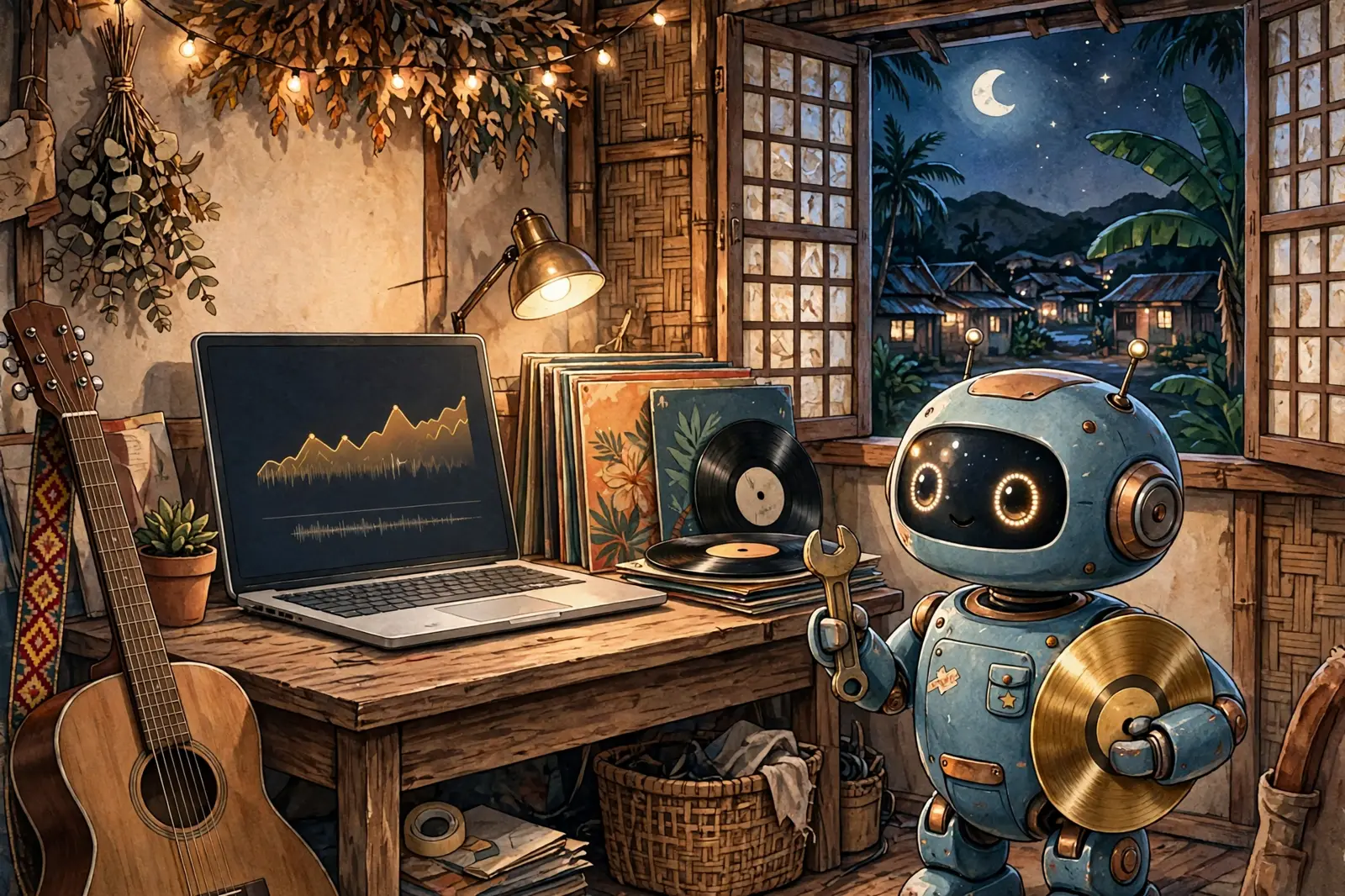 A small robot holding a wrench and a gold record beside a laptop showing music streams in a Bohol room at night