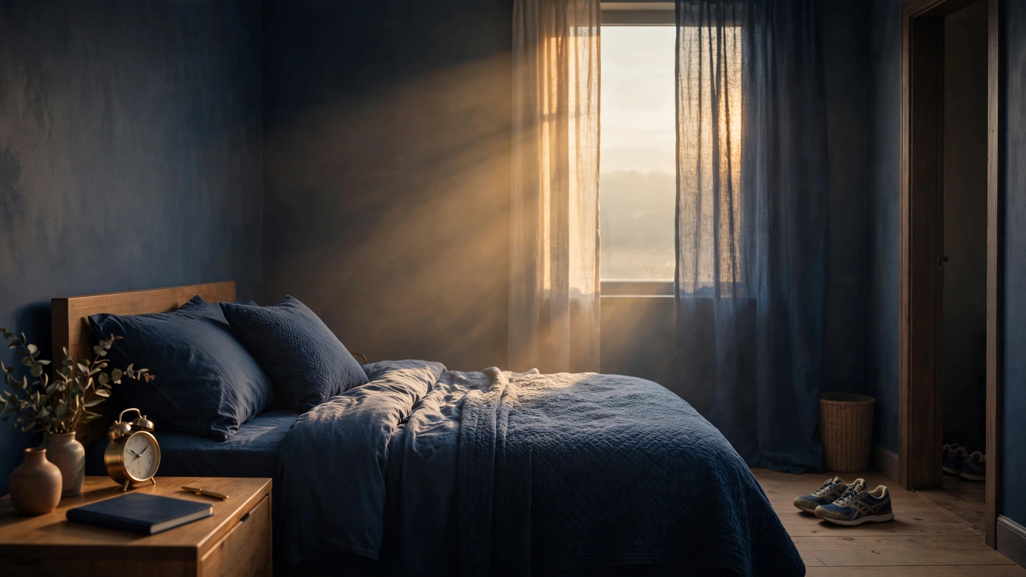 A calm bedroom at dawn with an alarm clock, a notebook on the nightstand, and running shoes by the door