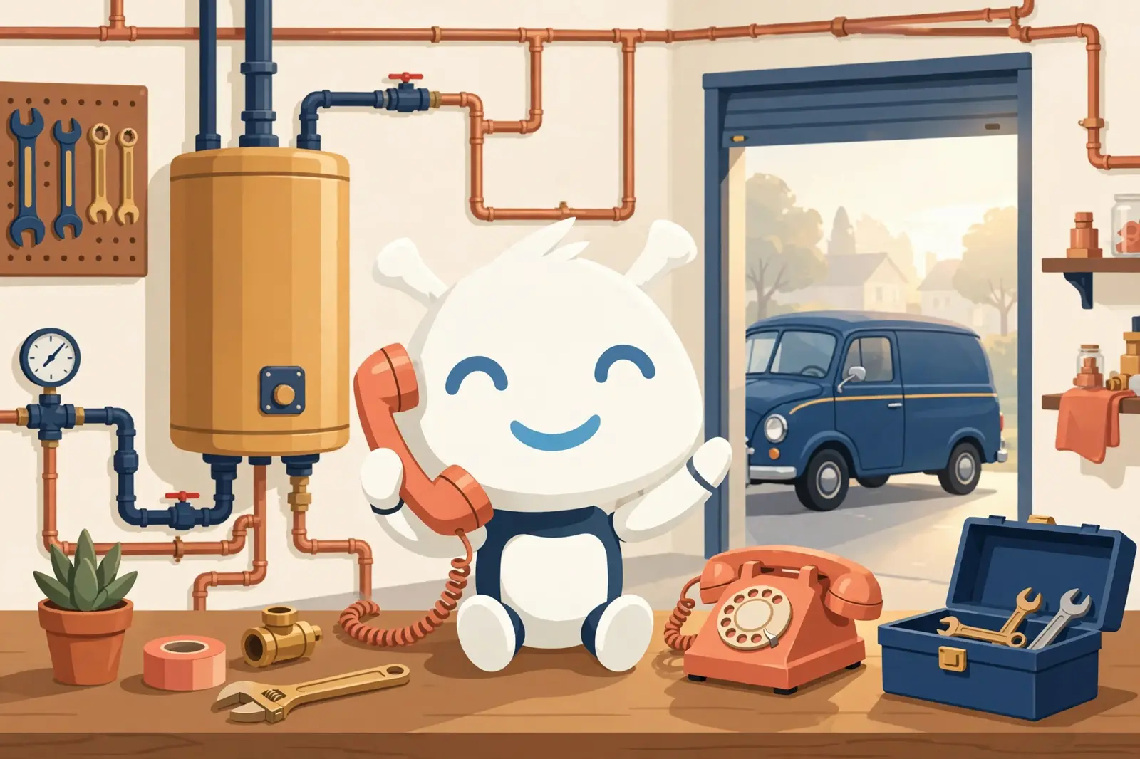 A small robot assistant answering the phone in a plumber's workshop at dawn