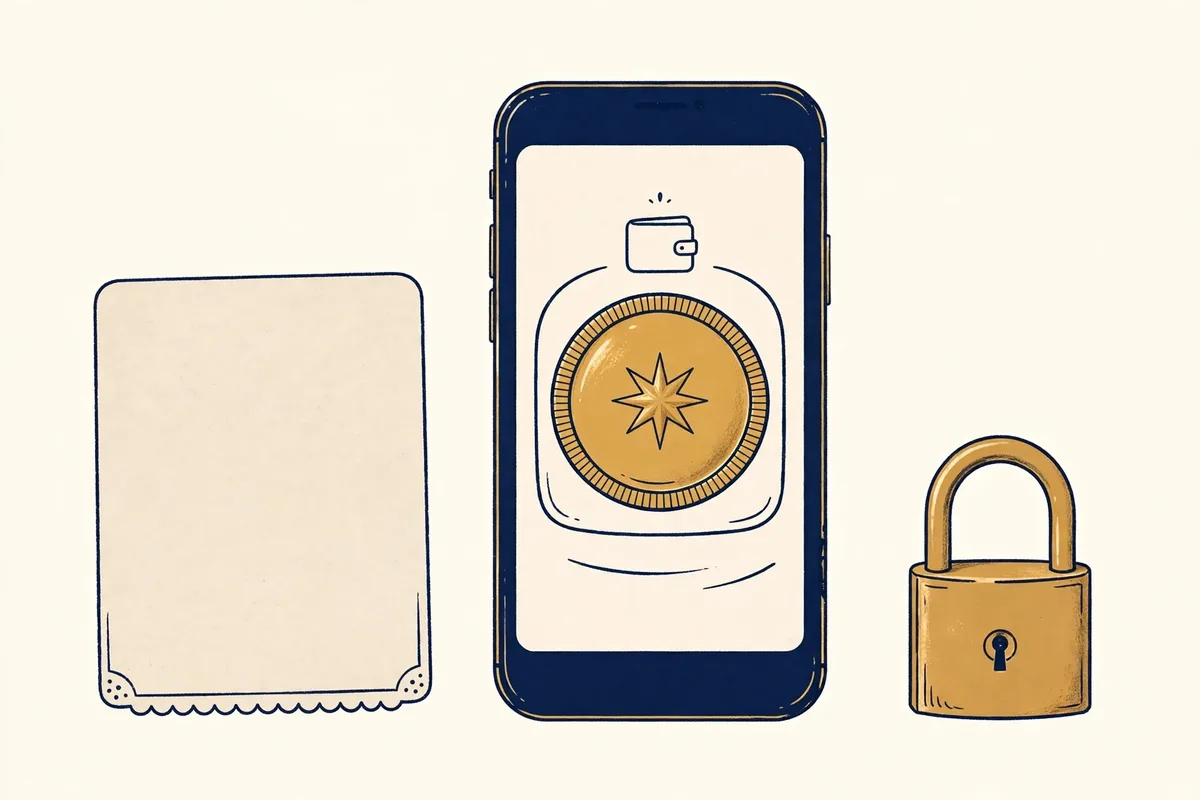 A large gold coin with a keyhole, beside a key on a ring, against a cream background