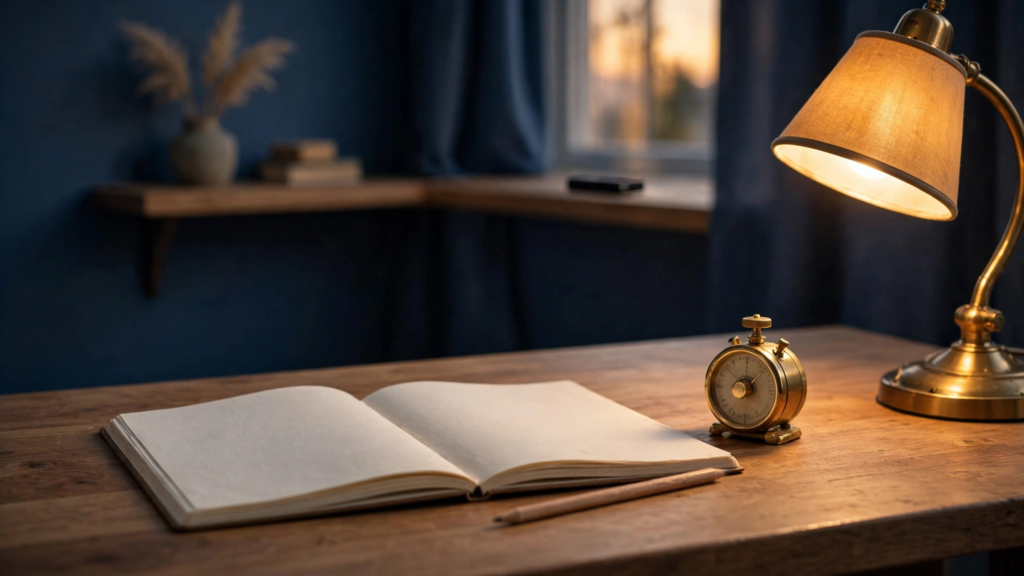 A calm desk with a notebook, a timer and a lamp, a phone resting far away