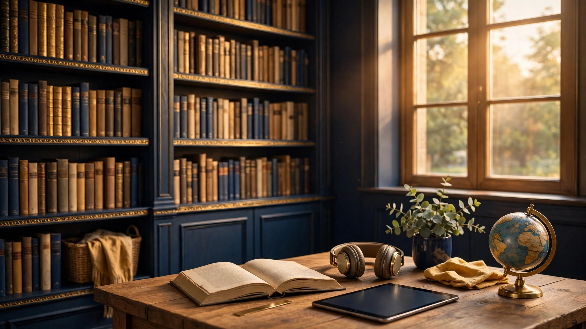 A cozy library corner with books, a tablet and headphones