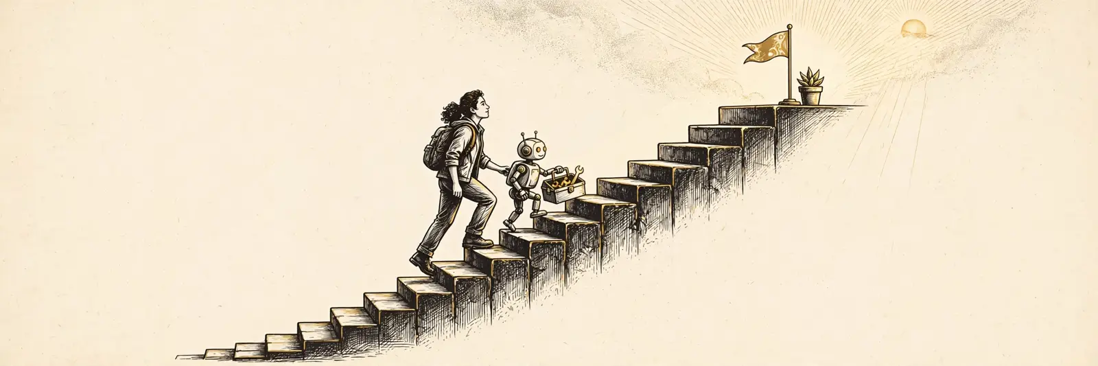 A climber ascending broad stone steps toward a gold flag, a small robot carrying the toolbox