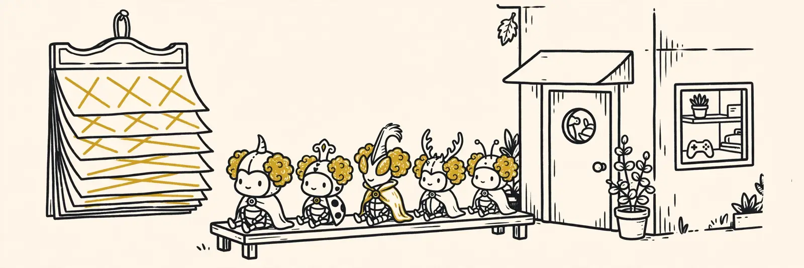 Bug knights in clown wigs waiting on a bench outside a small studio