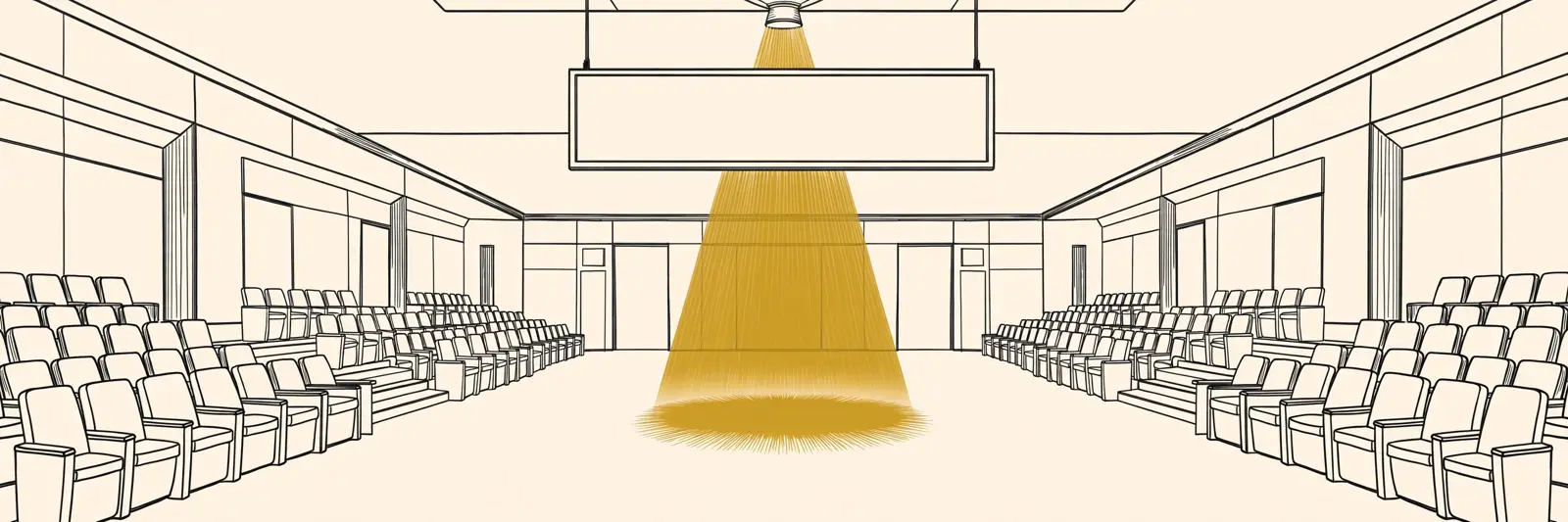 An empty, gleaming game arena lobby under a single spotlight