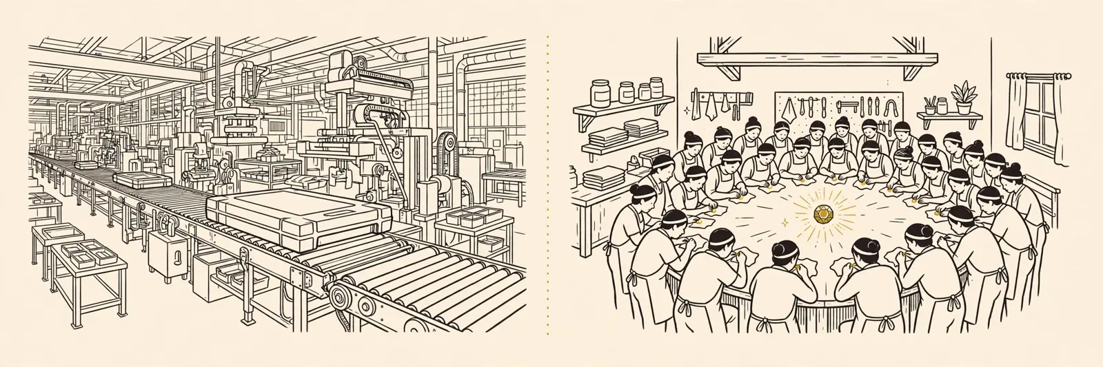 A factory building one giant cartridge beside a workshop polishing one small jewel