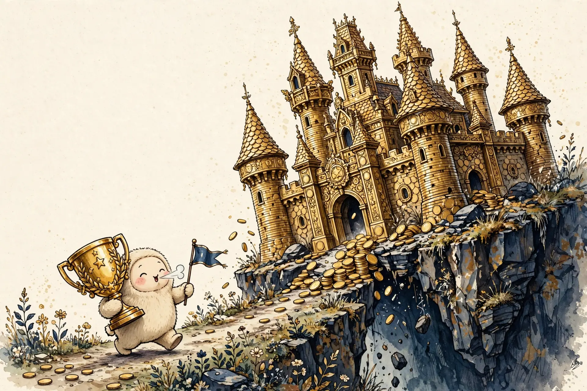 A tiny game character carrying a huge trophy past a wobbling castle of gold coins