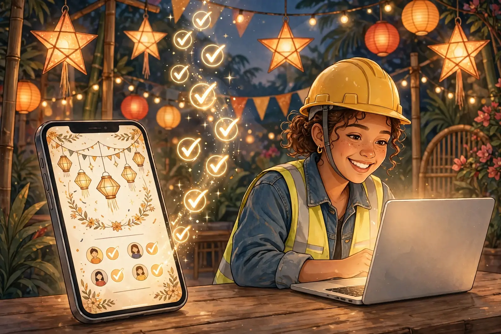 A glowing digital party invitation on a phone with guest checkmarks rising, under Filipino paper lanterns