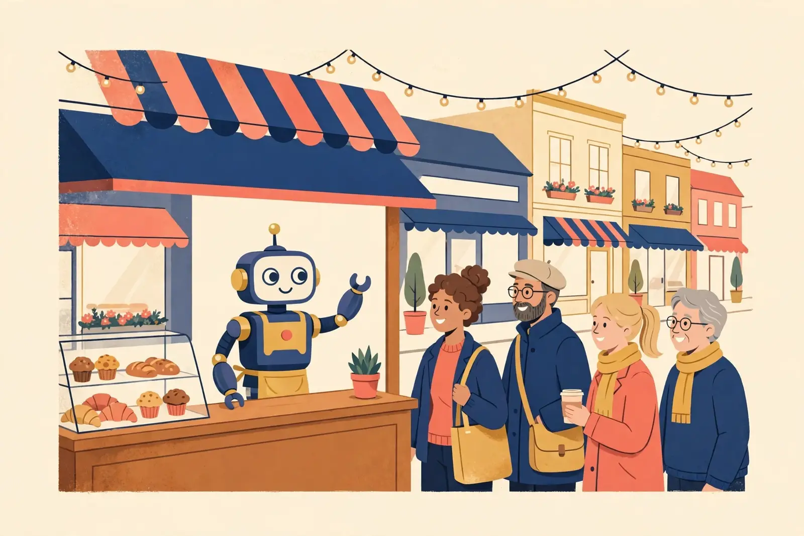 A small robot greeting customers at a bakery front desk on a small-town main street