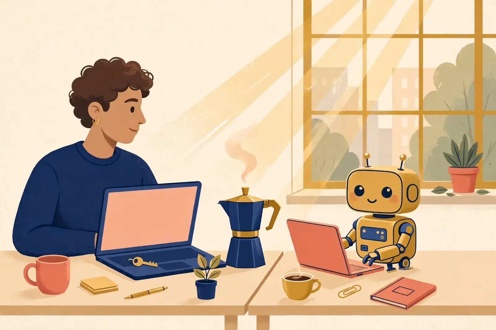 A person and a small robot working side by side at adjacent desks, sharing a pot of coffee
