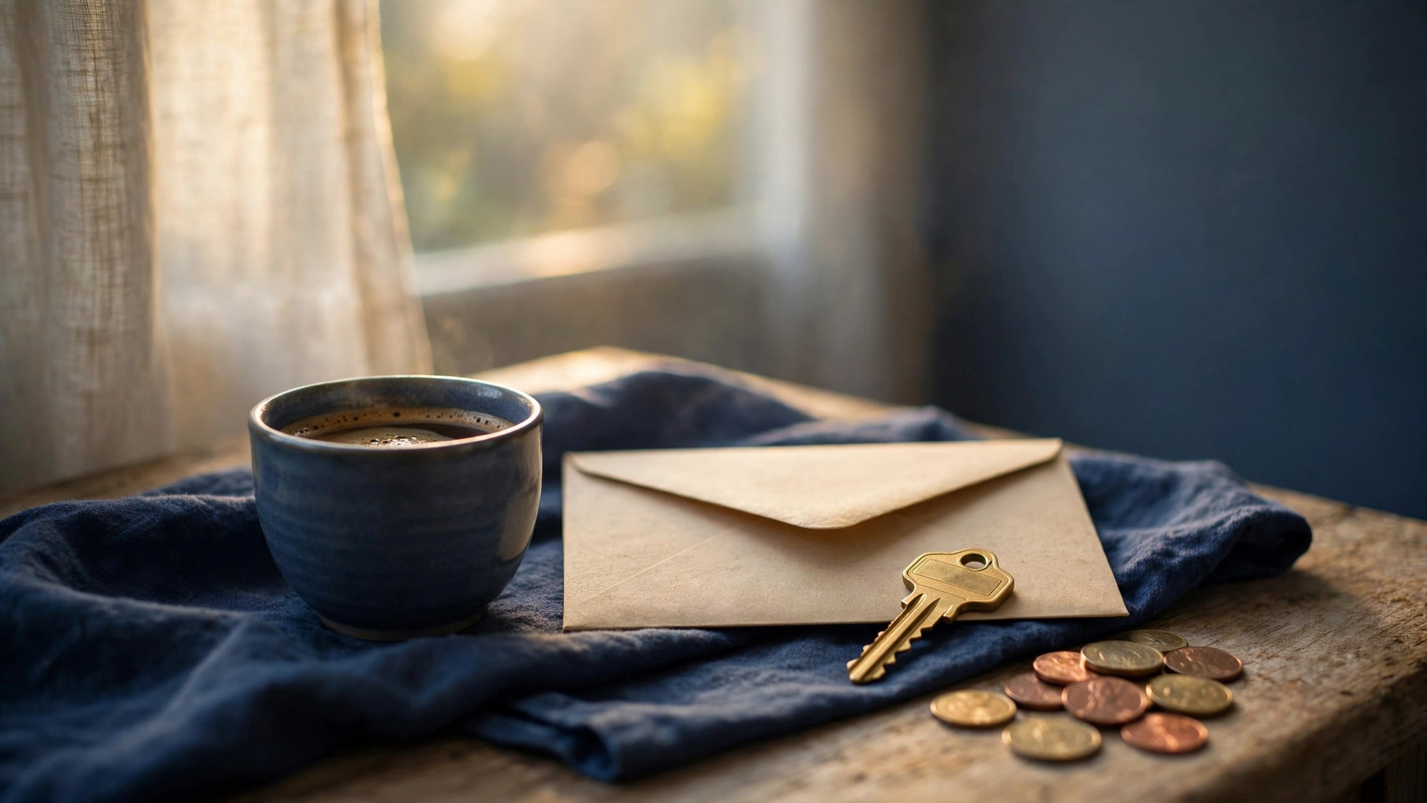 A cup of coffee beside a rent envelope, a house key and coins on a kitchen table
