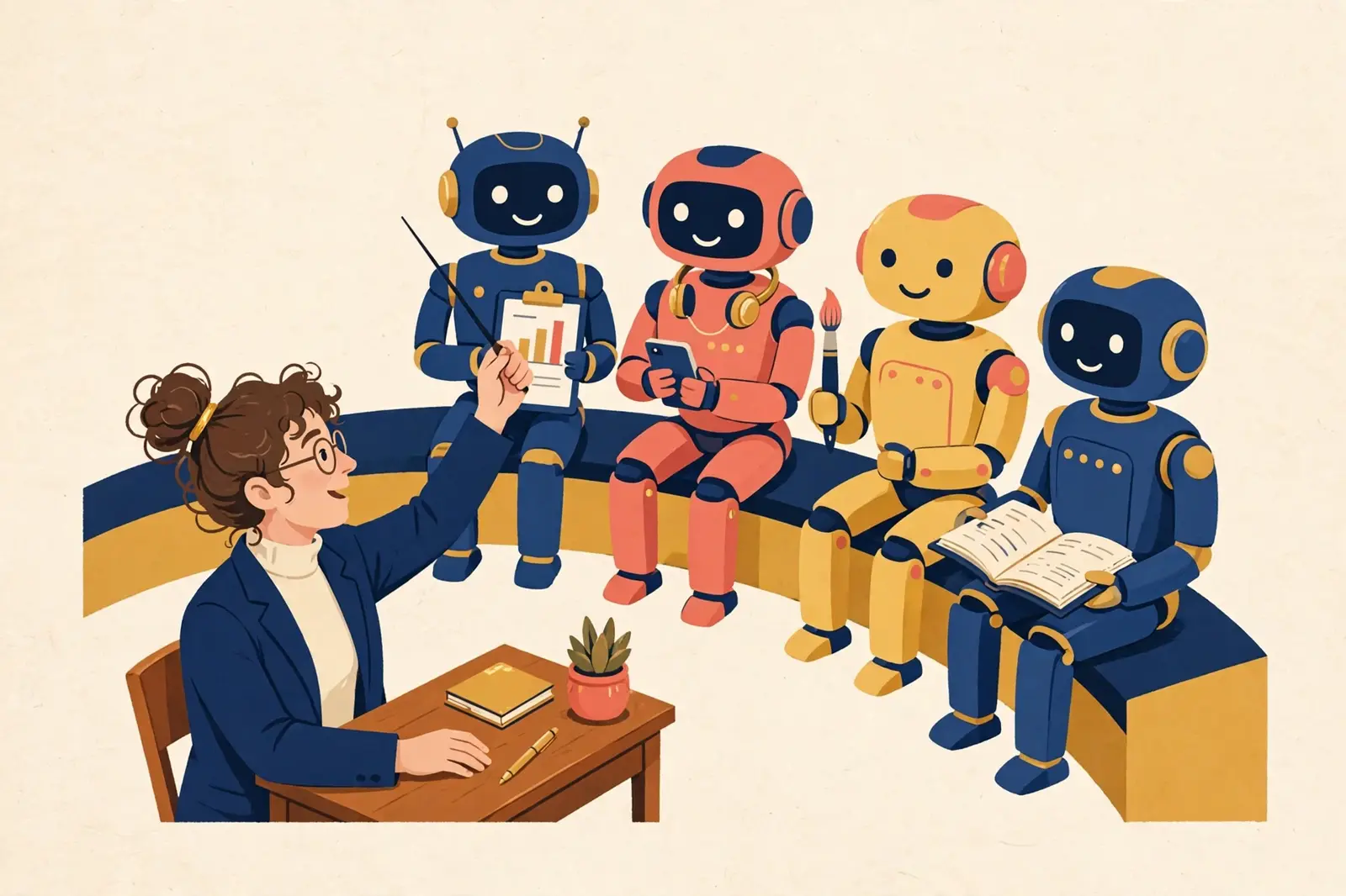 One founder conducting a semicircle of robot department heads like an orchestra