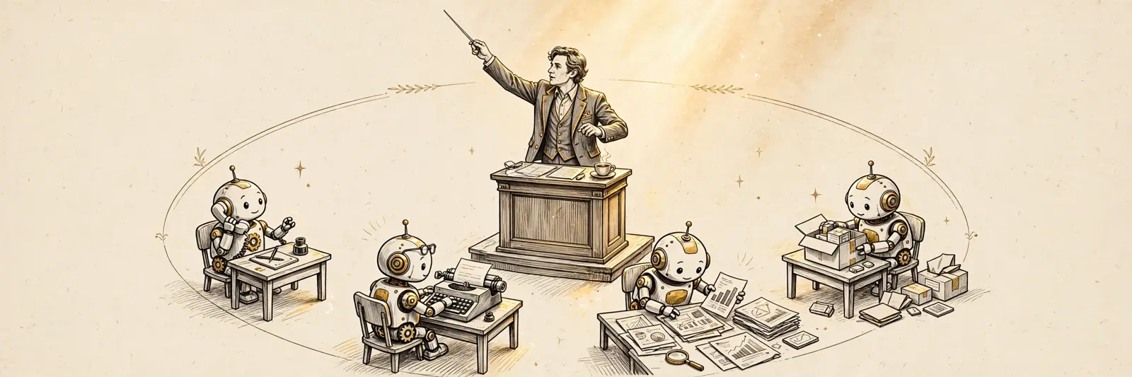 One founder at a laptop conducting a team of robot department heads holding their charts