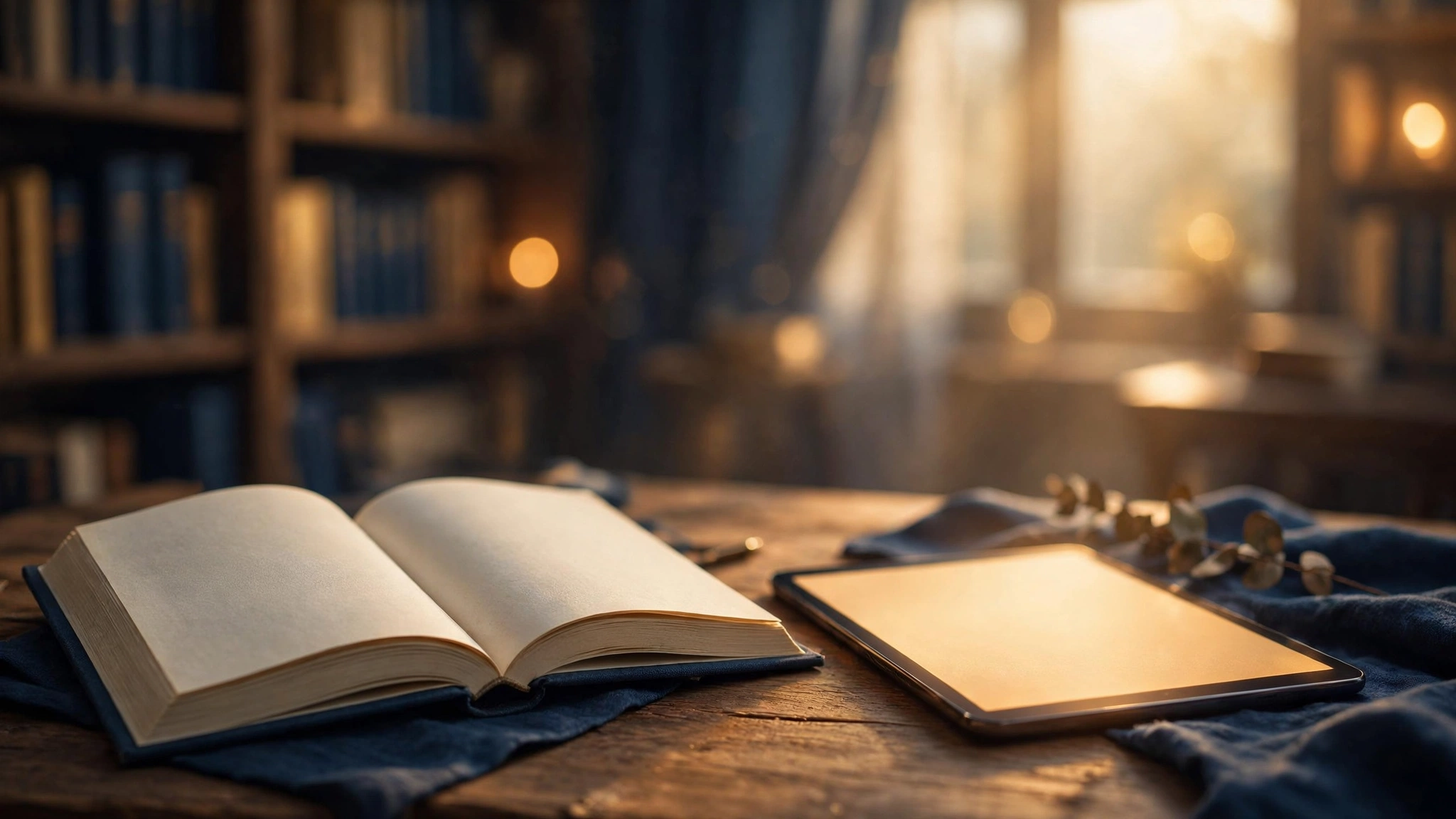 An open printed book beside a glowing tablet on a wooden desk