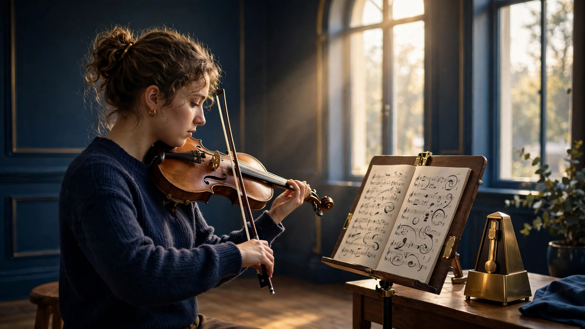 A violinist practicing alone in a sunlit room with a metronome nearby