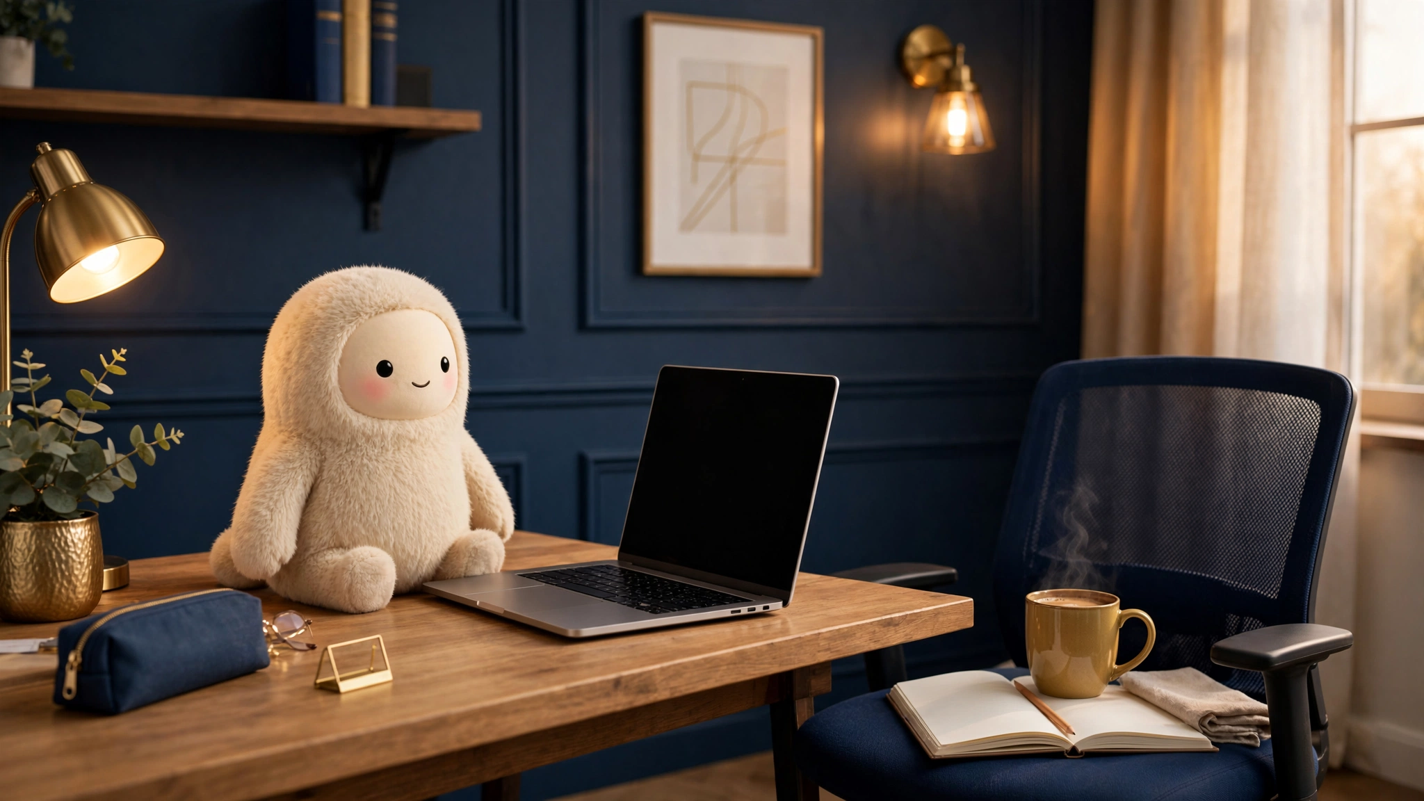A small friendly robot working at an office desk