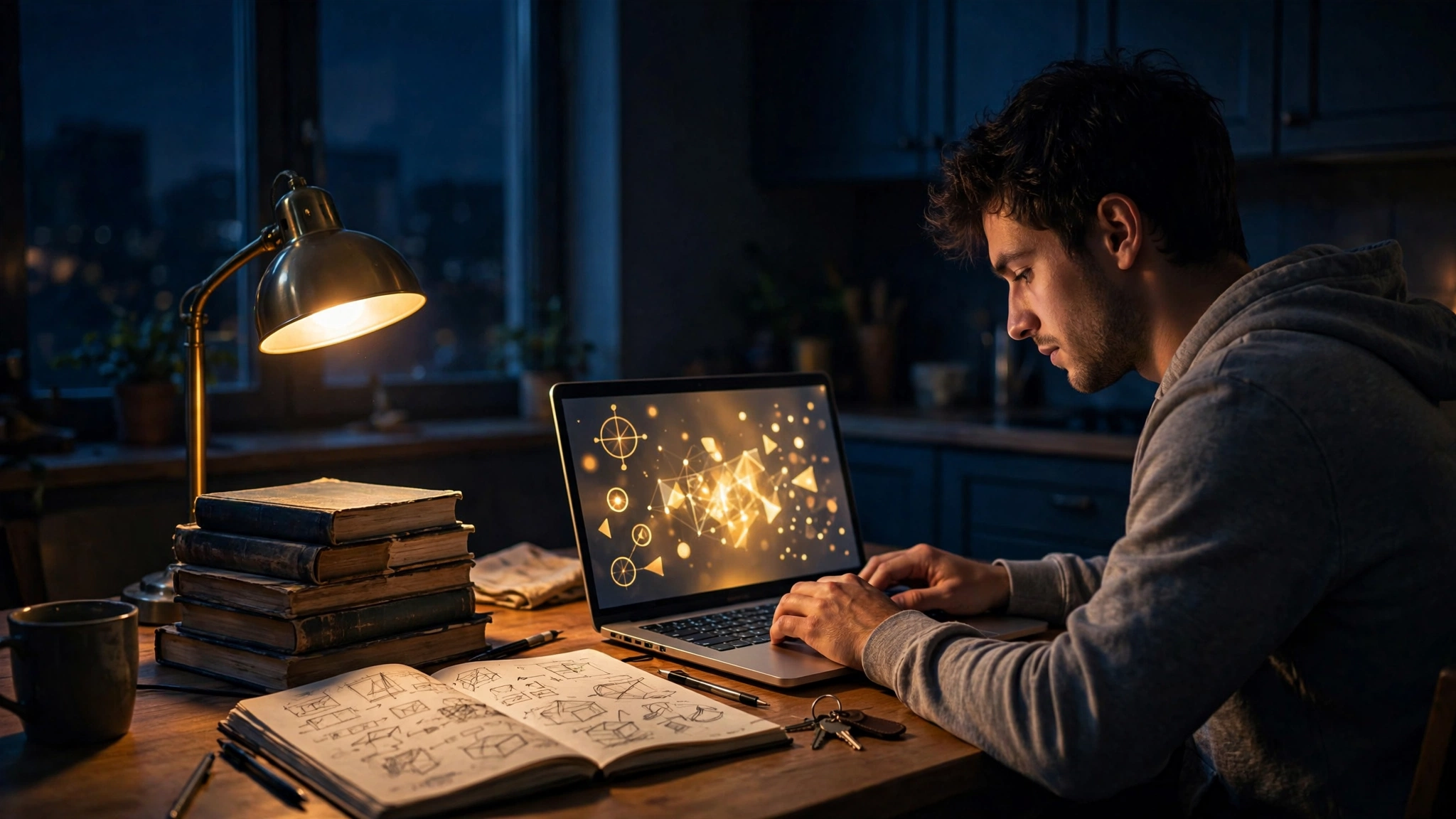 A self-taught programmer working at a kitchen table with books and a laptop