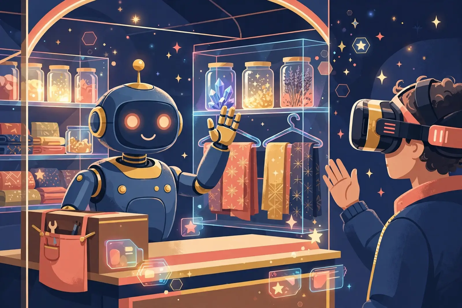 A robot shopkeeper in a glowing virtual market stall waving at a returning customer in a VR headset