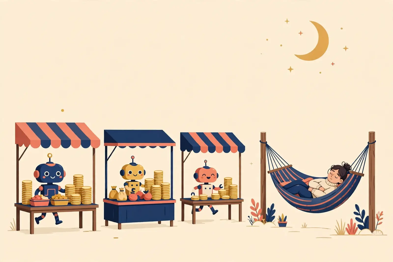 Small robot agents running night market stalls under a crescent moon while a person sleeps in a hammock