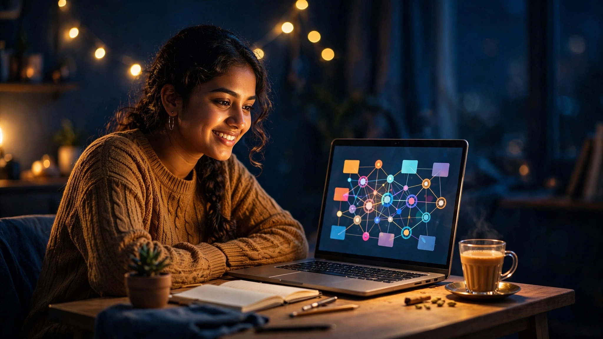 A student at a small desk at night, building a colorful automation on her laptop