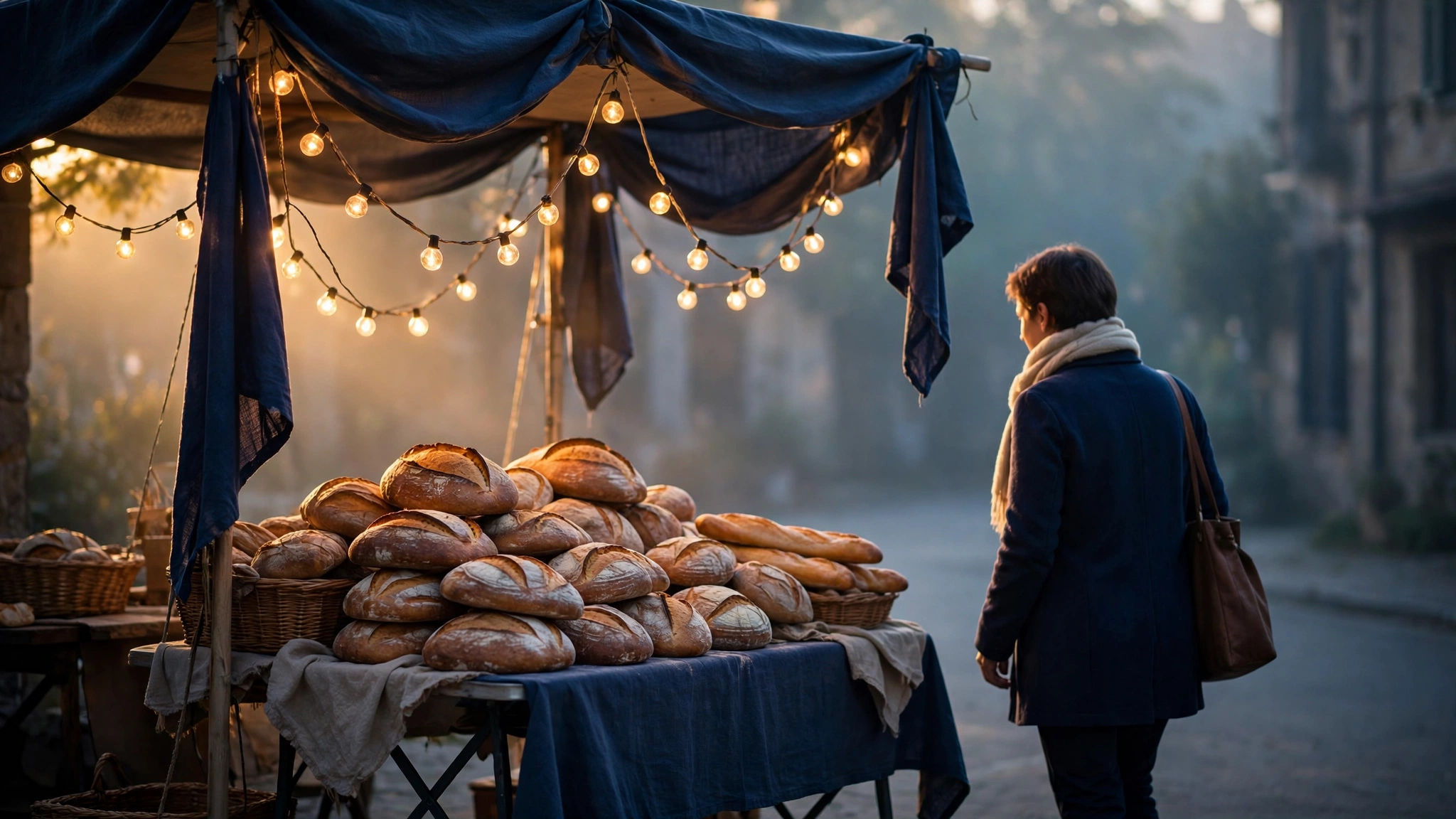 A tiny market stall at dawn stacked with loaves of bread as the first customer arrives