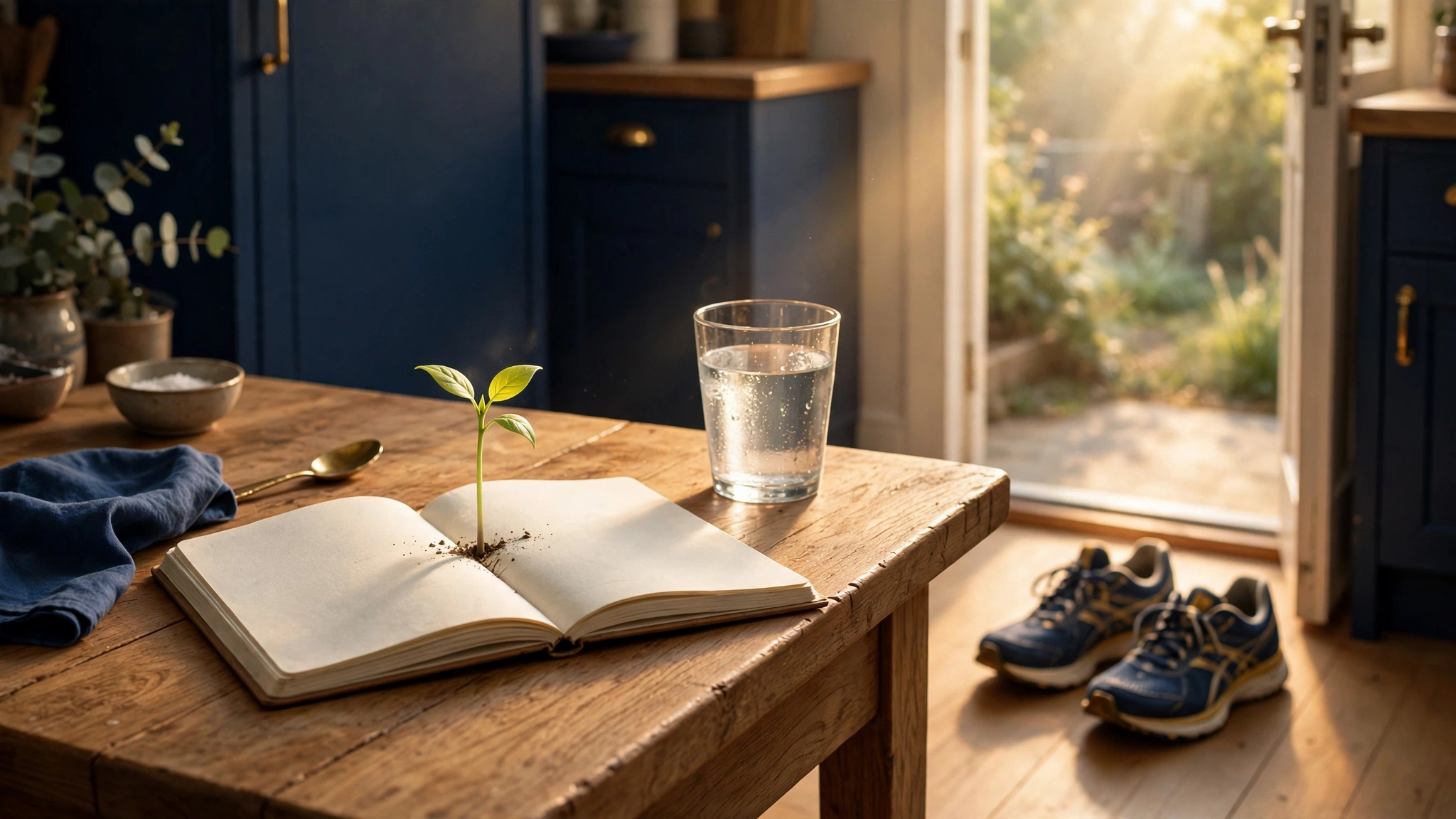 A tiny seedling sprouting from an open notebook beside a glass of water