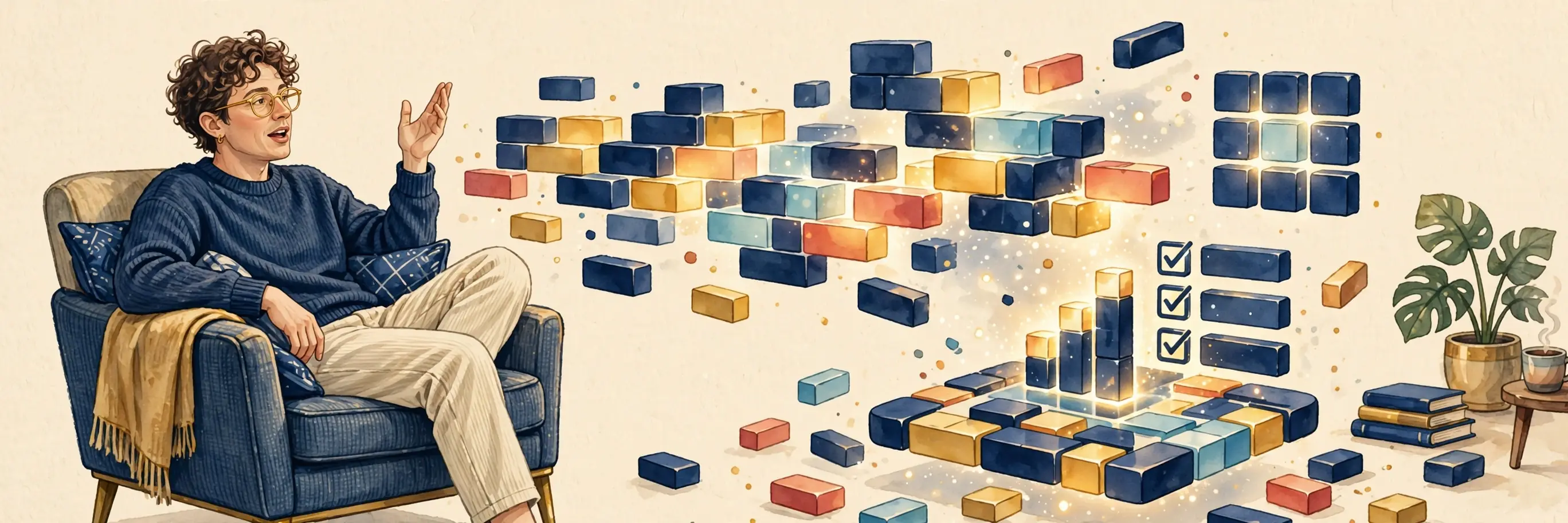 A relaxed coder speaking while blocks of code assemble into an app in the air