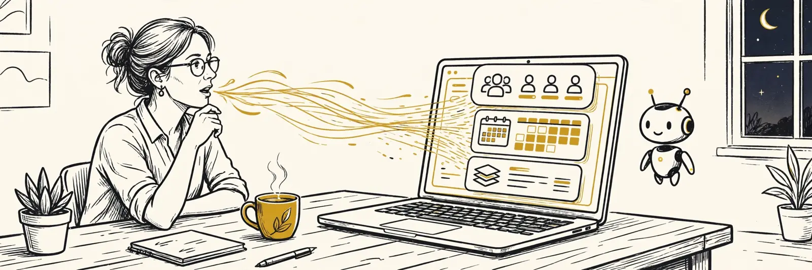A small business owner at her kitchen table as her words become a working app