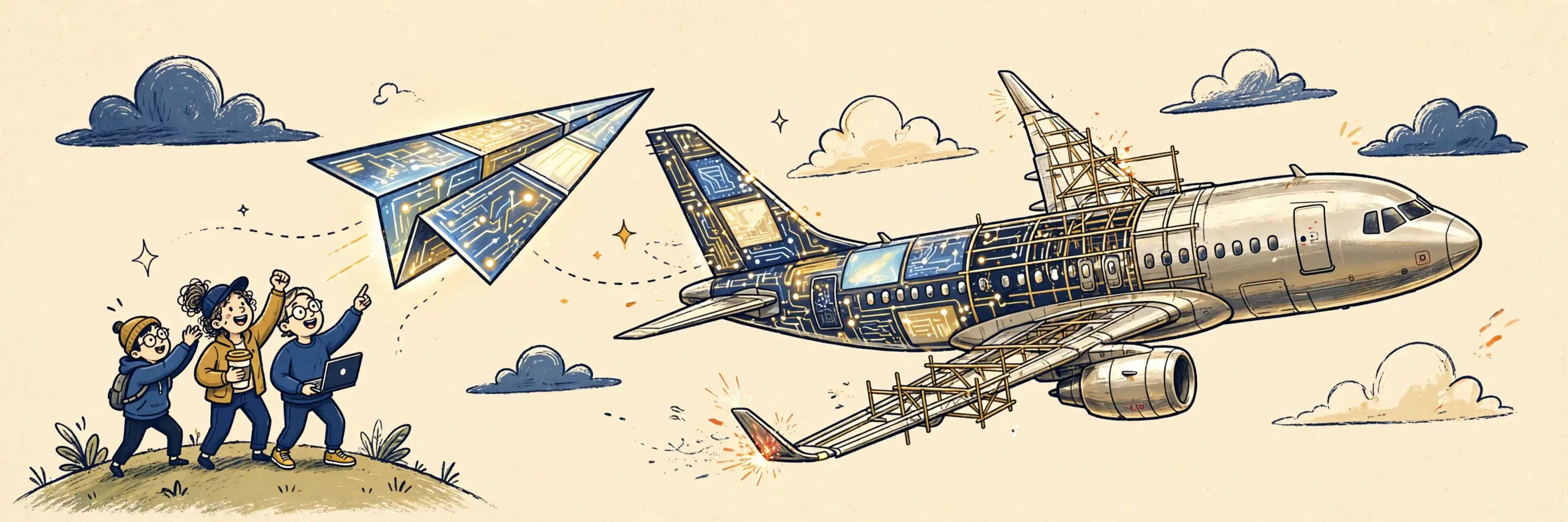 A paper plane made of glowing screens growing into a real airplane mid flight