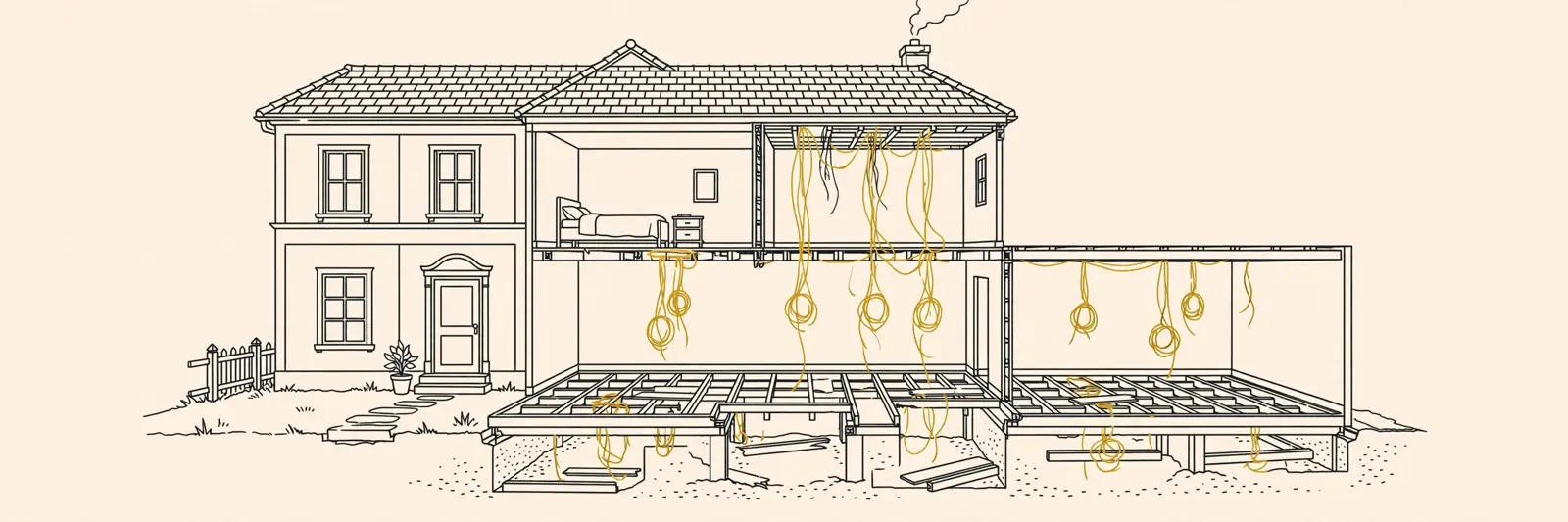 A handsome house in cutaway: perfect outside, unfinished within