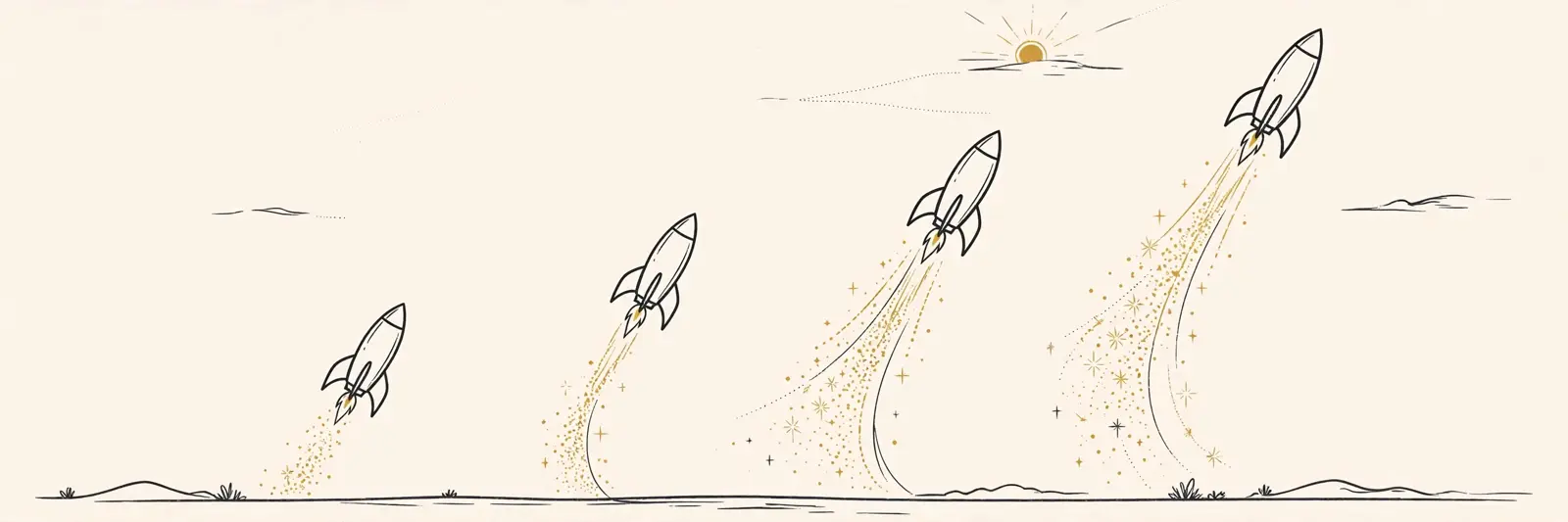 Four rockets climbing to very different heights at dawn