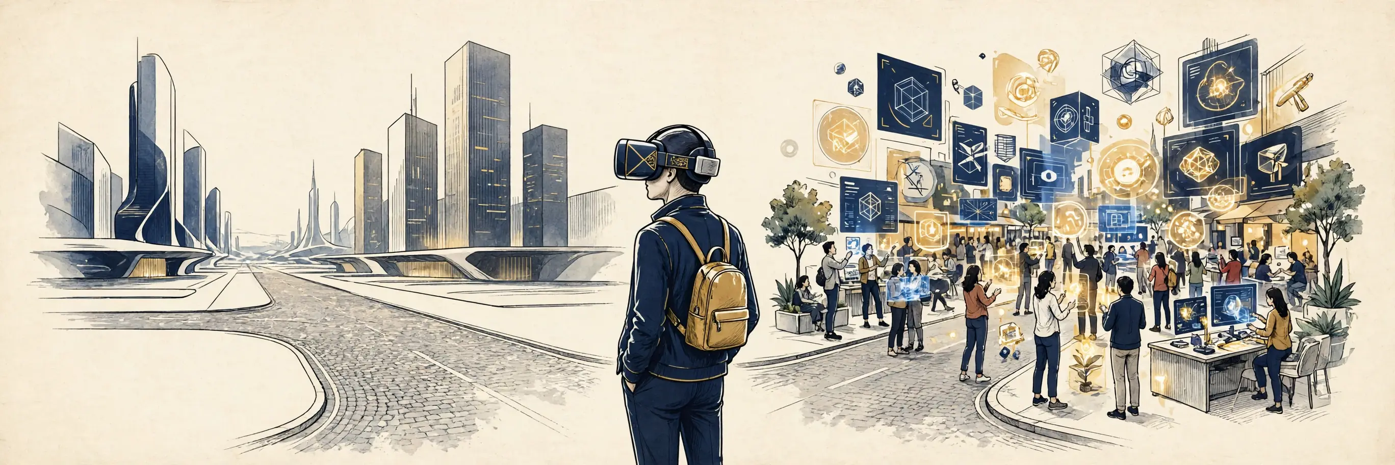 A person in a VR headset at a crossroads between an empty future city and a lively street