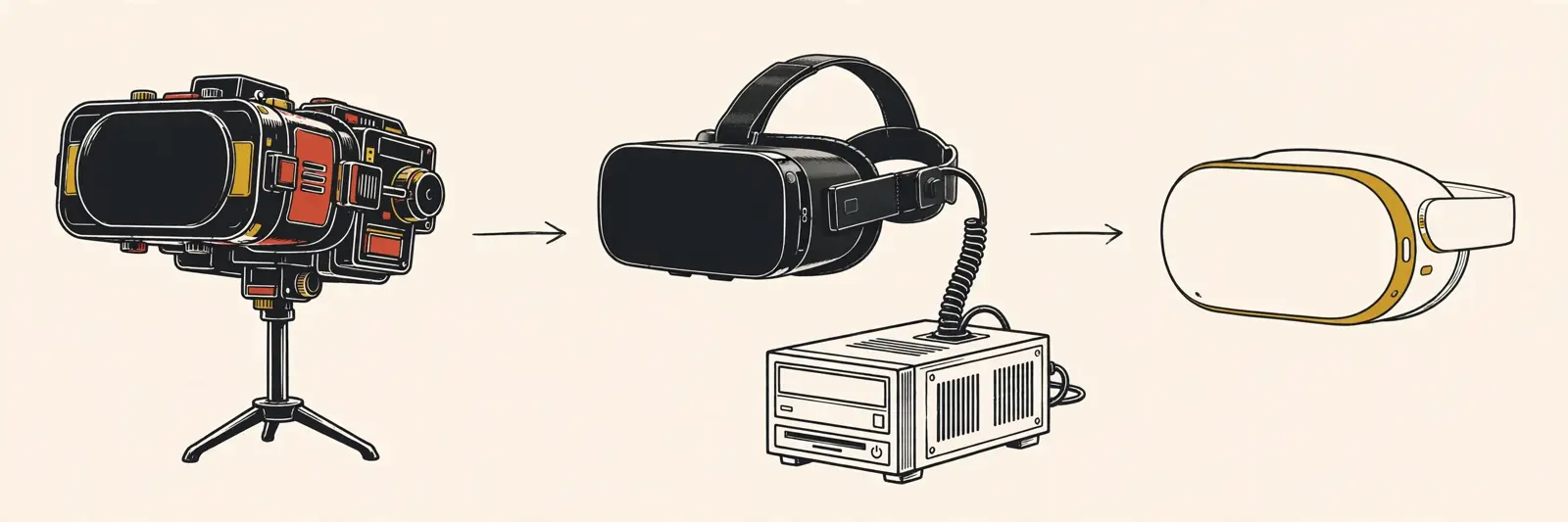 Three headsets in a row: a 1995 tabletop unit, a tethered 2016 headset, and a sleek standalone